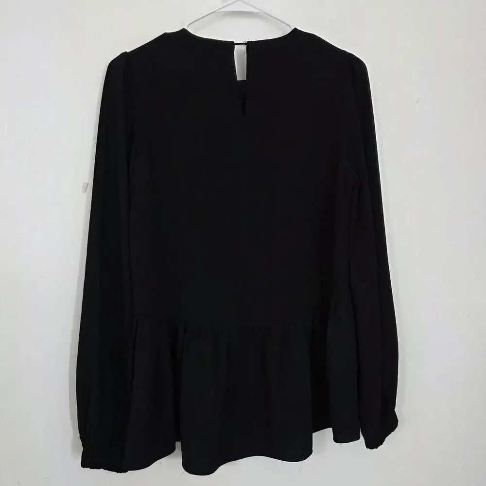Tuckernuck Pomander Carlota Peplum Blouse in Black with Billowy Sleeves Size XS